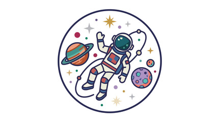 Fototapeta premium Spacewalking astronaut in interstellar galaxy circular badge flat vector illustration for futuristic apparel branding and science education