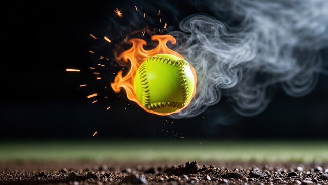 Softball on fire with flames and smoke, dynamic sports imagery, close-up shot of a bright yellow-green ball on a dark background, energetic and intense sports concept