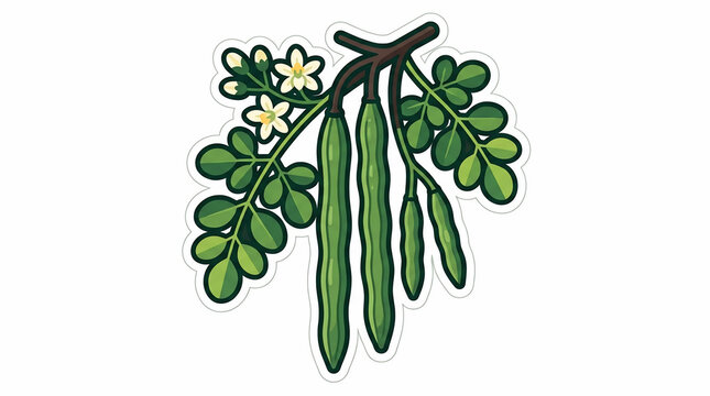 Vector illustration of fresh moringa oleifera plant branch with green leaves, long seed pods, and white flowers isolated on white background