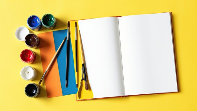 Open notebook with blank pages, colorful pens, and paint jars on vibrant yellow background, suitable for creative work, design, and education concepts