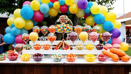Fototapeta premium Colorful Candy and Sweets Display at a Carnival or Fair Booth with Balloons and Decorative Confectionery