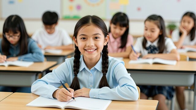 Smiling young female student in a classroom with classmates, writing in a notebook, wearing a blue school uniform, surrounded by supportive students, educational environment, learn