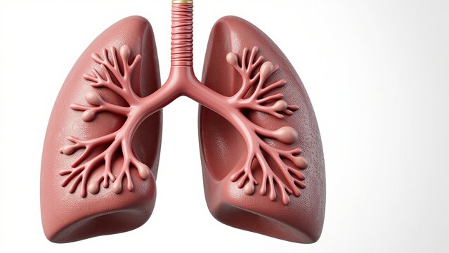 Anatomical model of human lungs showing detailed bronchial tree and airway structure, medical educational illustration, pink and grey color scheme