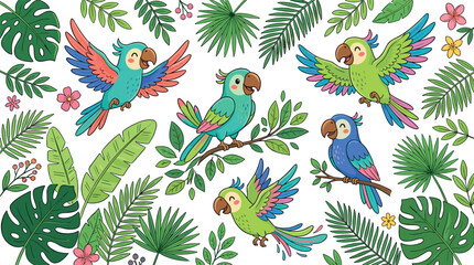 Obraz premium Cute tropical parrots collection flying and sitting among green monstera leaves and palm fronds, beautiful cartoon jungle birds vector illustration on isolated white background