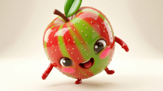 Multi colored red and green striped apple character with joyful pose for vibrant food industry branding and children product design.
