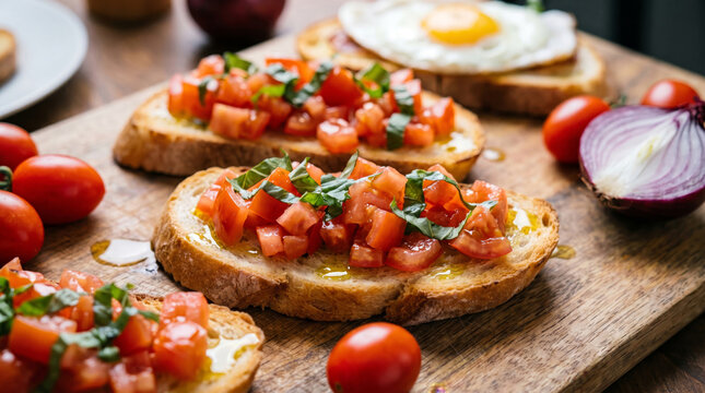 Freshly prepared bruschetta with ripe tomatoes and basil on toasted bread