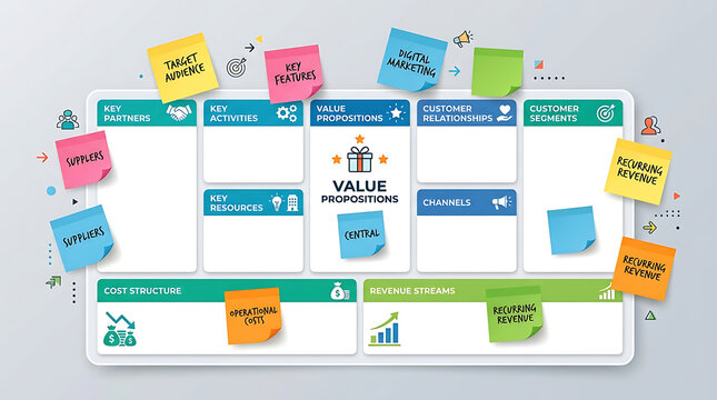 Business Model Canvas Strategy, Value Proposition, Customer Segments, Revenue Streams, Key Resources, Cost Structure, Marketing Plan