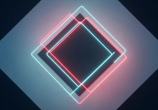 Vibrant neon rectangles in cyan and crimson overlap matte dark squares against a soft ash-gray backdrop, creating a geometric light show, linear, modern, cyan