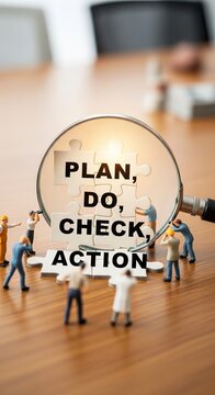 PDCA cycle concept - Miniature people working on plan, do, check, action.