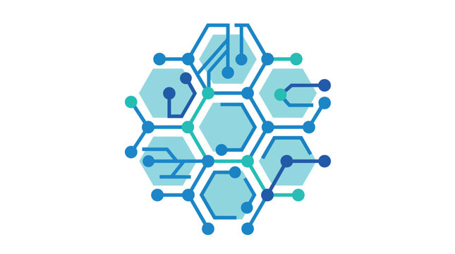 Hexagon digital circuit network nodes flat vector illustration for technological data science branding