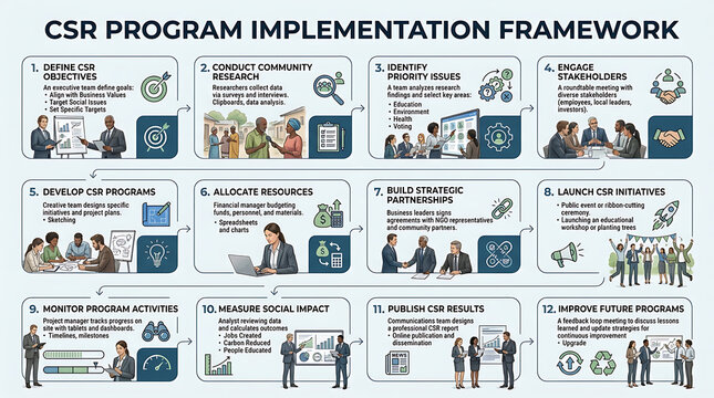 CSR Program Implementation Framework Infographic, Corporate Social Responsibility Strategy Steps, Business Ethics and Sustainability Planning, Global Impact and Community Engagement