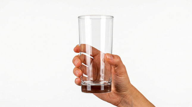 Hand holding a clear glass tumbler with a small amount of dark liquid