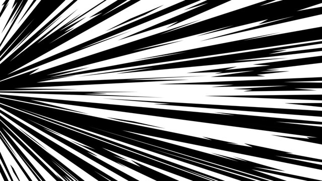 Black and white dynamic speed lines radiating from a central vanishing point. Sharp streaks create a strong sense of acceleration, motion, impact, and high velocity. 