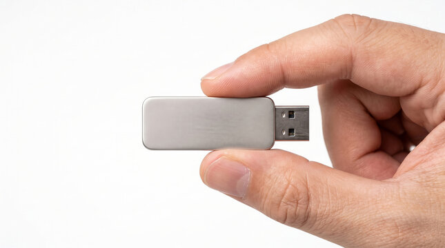 Person holding a silver USB flash drive with fingers against a white background