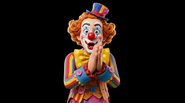 A colorful 3D cartoon clown with red hair, a red nose, and a small hat clapping hands excitedly while talking, set against a bright pink studio backdrop. Perfect for circus shows, children party promo
