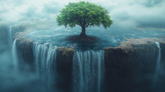 Surreal fantasy landscape featuring a solitary tree on a floating island with waterfalls.