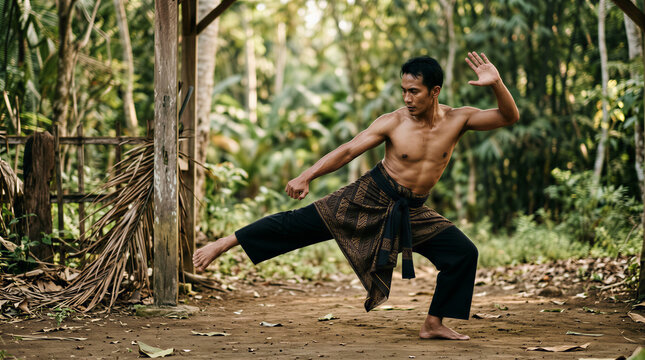 Martial artist performs a kick in a natural setting during training session in the forest