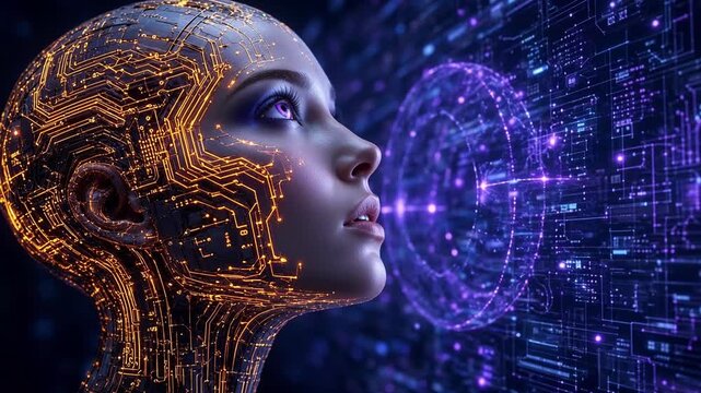 AI concept with a humanoid robot face integrated with glowing circuits and digital technology background