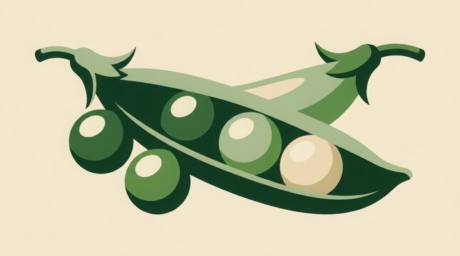 Vegetable - Open Green Pea Pod with Fresh Peas Showing Color Gradient from Dark to Light Flat Illustration