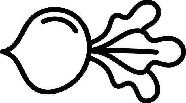 Vegetable - Simple Black and White Line Art Icon of a Round Beetroot with Leafy Stems Outline Drawing