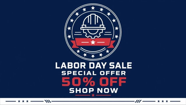 Labor day sale banner with fifty percent off discount and shop now call to action