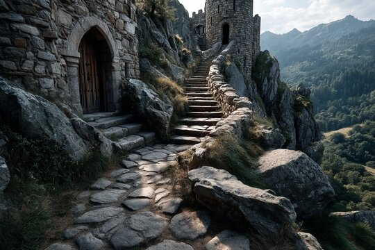 Stone Pathway Leading to a Medieval Castle on a Hillside.
