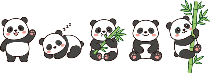 Obraz premium Cute giant panda vector illustration set featuring adorable cartoon character sleeping, eating bamboo, waving, and climbing isolated on white background for kids designs