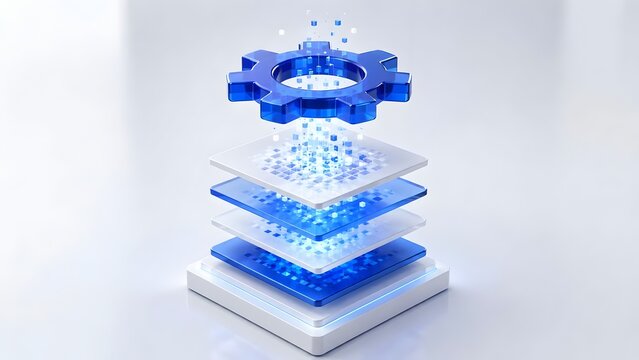 Abstract 3D render of a glowing blue gear over stacked digital layers with data particles, representing technology automation, cloud computing, and industrial processing.