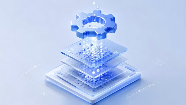 3D technology concept of a glowing blue gear above stacked digital data layers, representing artificial intelligence automation and cloud computing systems for modern business innovation.