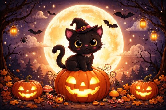 Enchanting Halloween cat illustration
