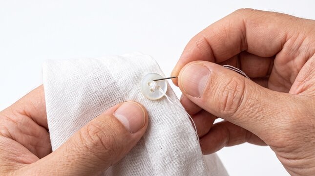 Close-up on a person's hands sewing a white button onto white fabric with a needle and thread. The detail shot highlights the craft of mending and creating