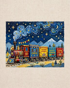 Vertical Whimsical Circus Train Impasto Painting under a Starry Night Sky
