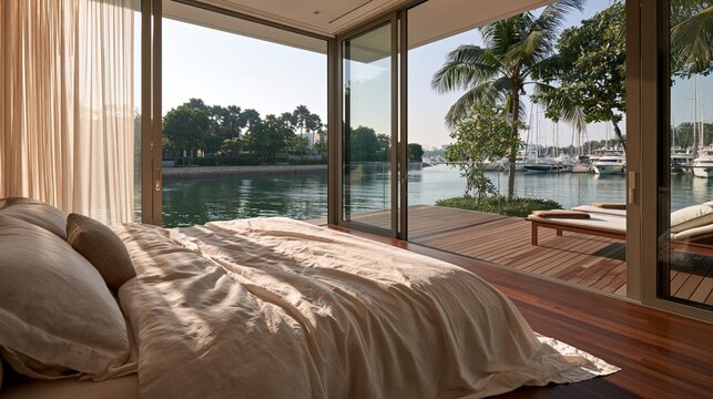 luxury master bedroom overlooking marina in sentosa cove waterfront villa