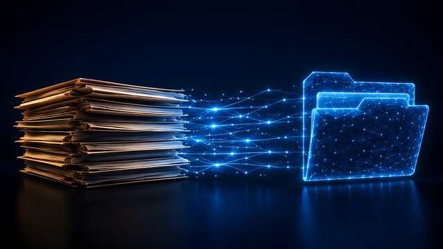 Physical stack of paper documents converting into a glowing blue digital folder symbolizing data digitization and secure cloud storage.