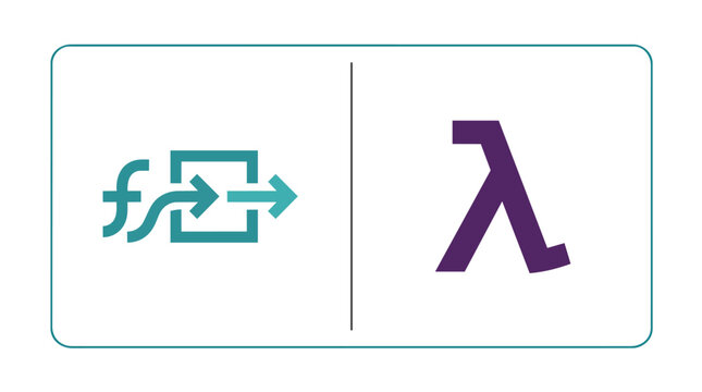 Lambda symbol and functional programming icons in a minimalist flat vector for software development and cloud computing branding
