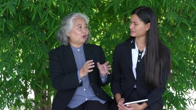 Businesswoman senior mentor conversation tablet outdoor bamboo teamwork coaching training, intergenerational mentorship meeting in garden, professional women sharing advice, guidance, active listening