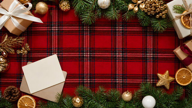 赤いチェック柄と白いカードで作るクリスマスの背景