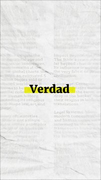 Verdad text - on yellow banner over vintage minimalist white newspaper background