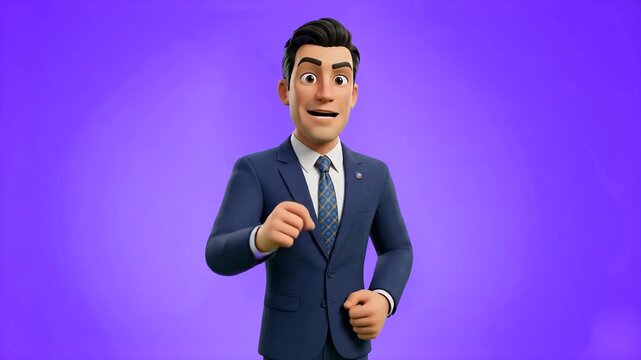 A professional 3D animated male executive in a formal suit speaking enthusiastically with clear hand gestures, set against a vibrant purple studio backdrop. Great for corporate keynote intros, creativ