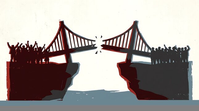Broken bridge between two groups of people