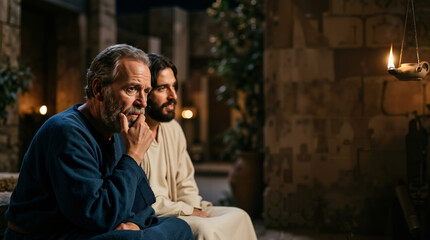 Obraz premium Nicodemus listening intensely to Jesus beneath warm lamplight. Biblical scene of spiritual conversation at night. Thoughtful man in blue robe contemplating faith
