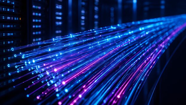 Glowing blue and purple fiber optic cables macro view in a dark server room representing high speed internet data transmission and network communication.