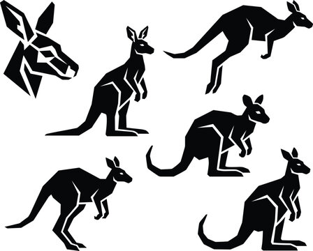 Black and white vector silhouettes of kangaroos in dynamic poses with geometric angular design, abstract modern animal artwork, and stylized kangaroo head illustration