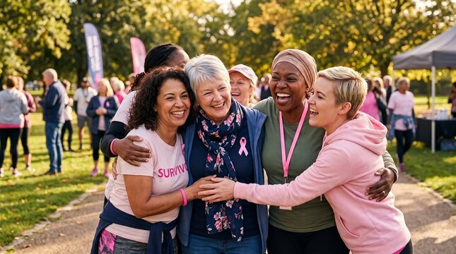 Diverse group of happy women hugging at a breast cancer charity walk outdoors.