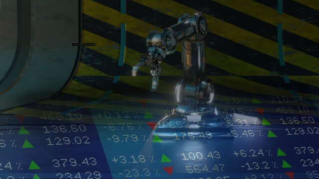 Financial market numbers overlaid on a robotic arm operating in an automated production line environment. Automation technology sector investment analysis, manufacturing robotics development tracking