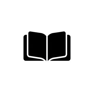 Black open book icon representing reading education library or database search.