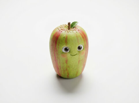 Tall striped apple mascot with friendly face and sesame seeds on top meant for healthy snack brand identity or nutrition signage.