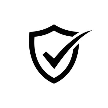 Black security shield icon with checkmark for verified protection and safety assurance.