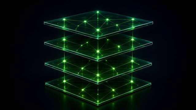 Abstract multi layered transparent glass panels with glowing green network nodes and connecting lines representing digital infrastructure and data architecture