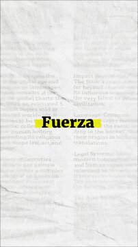 Fuerza text - on yellow banner over vintage minimalist white newspaper background